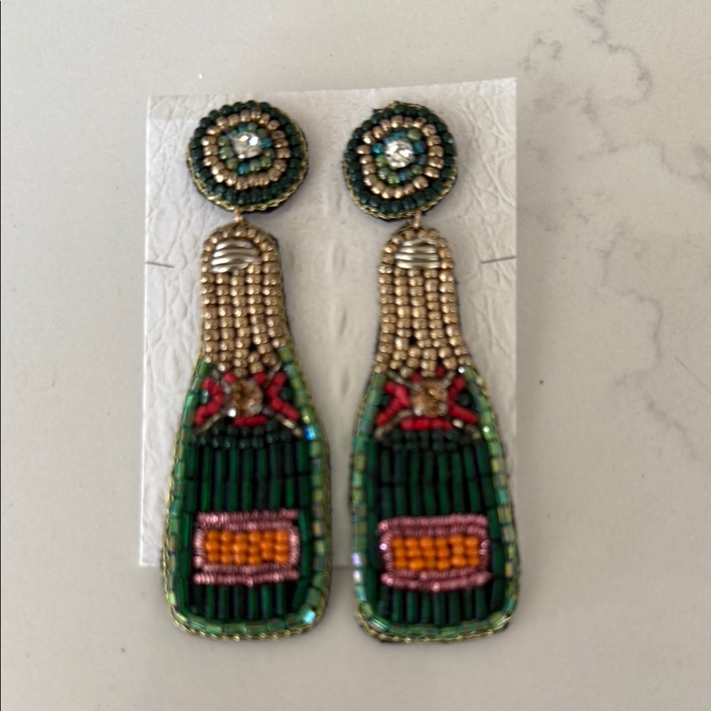 Beaded Drop Earrings in Green and Gold